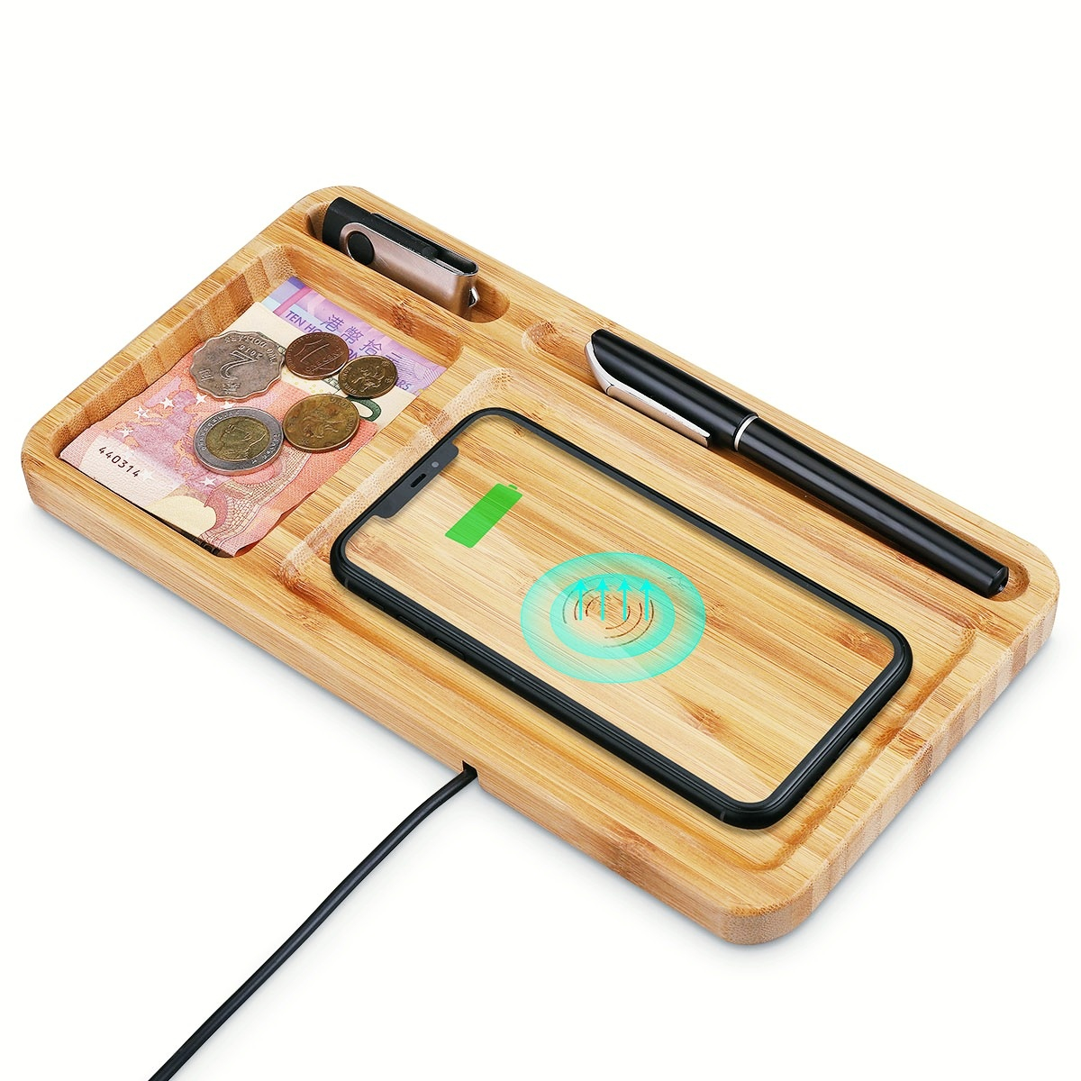 Bamboo Wood Storage Wireless Charger Pad